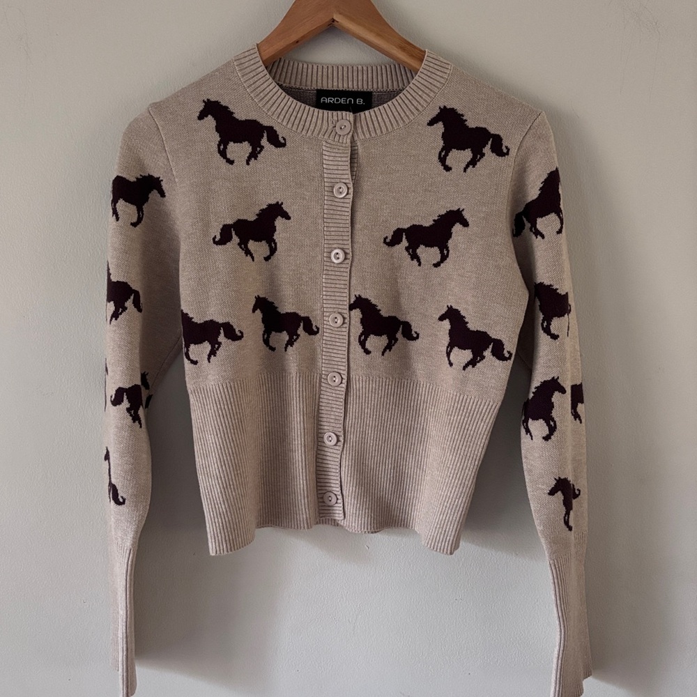 Arden B Beige Cardigan with Brown Horse Motif Size M